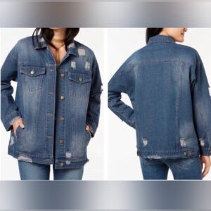 Oversized Distressed Denim Trucker Button Up Jean Jacket Size S-M Boyfriend Fit
